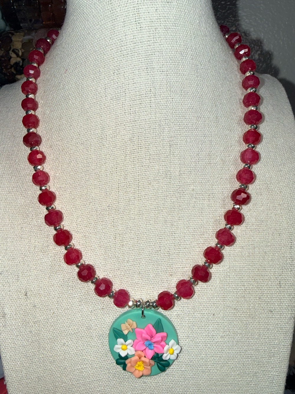 Pink Dyed Quartz Necklace with Floral Polymer Clay Pendant